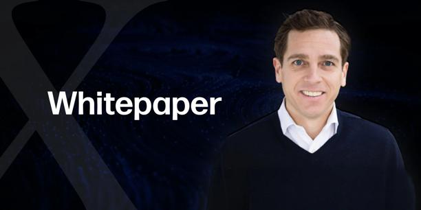 Smiling professional next to the word Whitepaper on a dark background with subtle X design