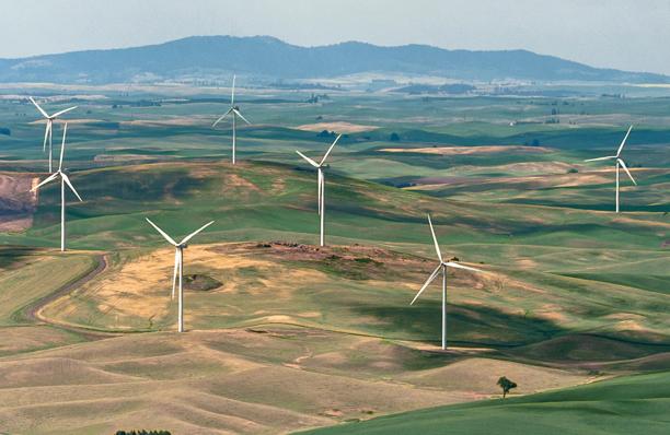 A rural landscape dotted with wind turbines and hills in the background