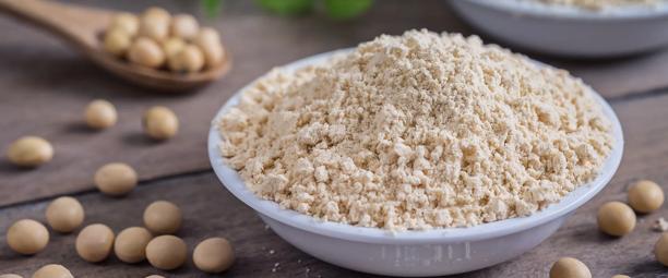 Bowl of soybean meal, a byproduct used in animal feed.