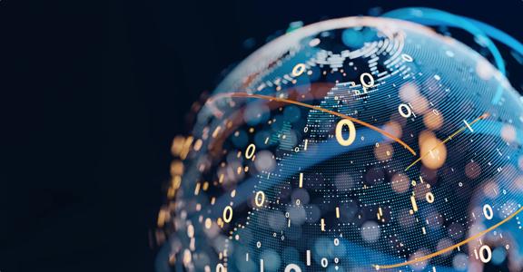 Abstract digital globe with binary code and data lines representing global technology networks