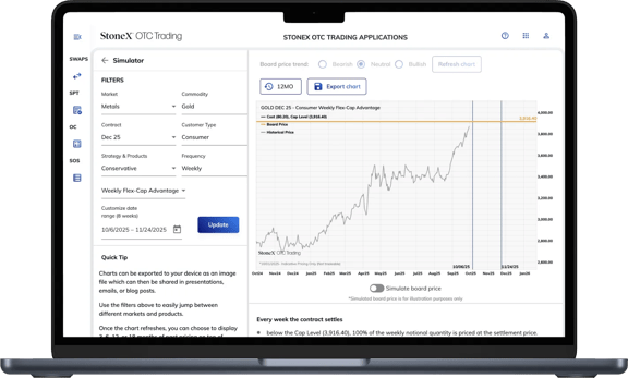 Laptop screen displaying StoneX Structured Product Online Calculator with gold pricing chart and product options