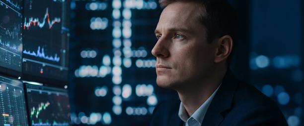 Professional man looking at screens with financial charts