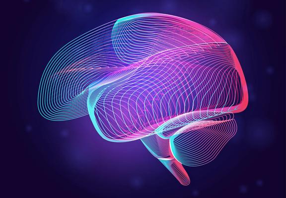 Neon abstract illustration of a human brain made of glowing curved lines on a dark background.