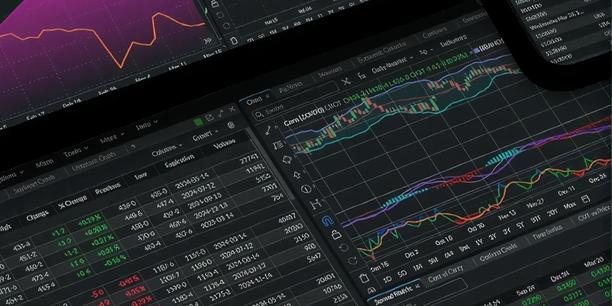 Interface de plataforma de negociação exibindo gráficos financeiros, indicadores de mercado e cotações em tempo real de múltiplos ativos.