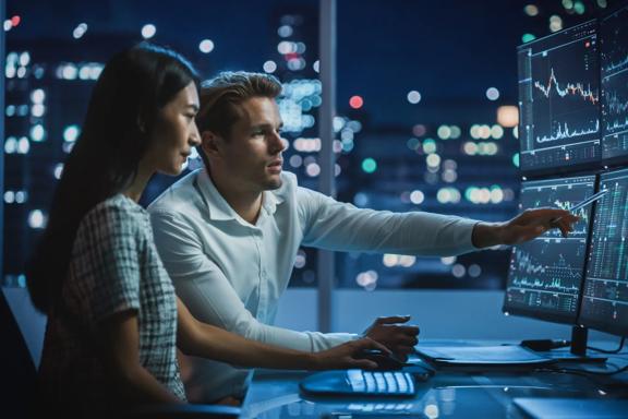 Man and woman in office at night looking at multiple screens showing financial charts