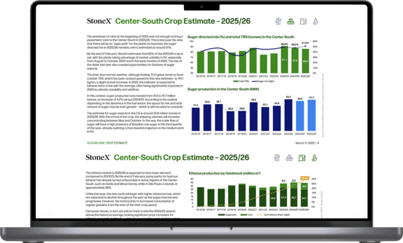Laptop displaying StoneX Center-South Crop Estimate 2025/26 report with crop production charts and market analysis.