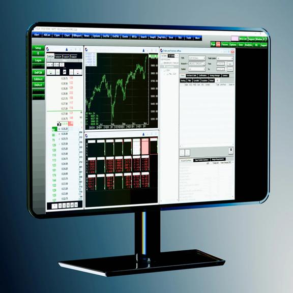 Desktop monitor showing the RJO Futures Pro platform with multiple charts and order windows