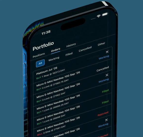Mobile trading app displaying a portfolio dashboard with open positions, account activity, and market performance data.
