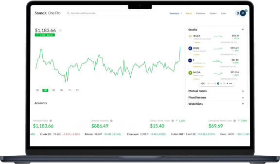 StoneX One Pro trading platform interface on a laptop screen showing live portfolio value, stock charts, and market performance data
