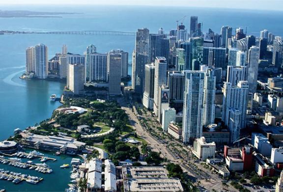 Aerial view of downtown Miami skyline and marina, showcasing Florida’s financial and trade hub
