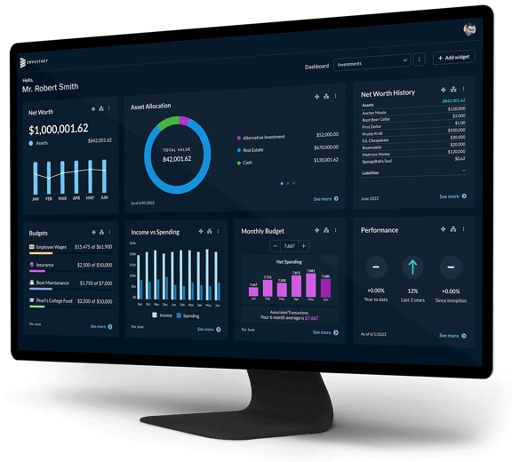 Financial dashboard interface with dark theme showing net worth, asset allocation, budgets, income vs spending, and performance metrics for an individual investor.