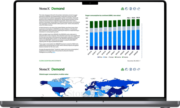 StoneX Market Intelligence report showing global sugar demand trends, regional consumption data, and a world map of sugar consumption on a laptop screen.