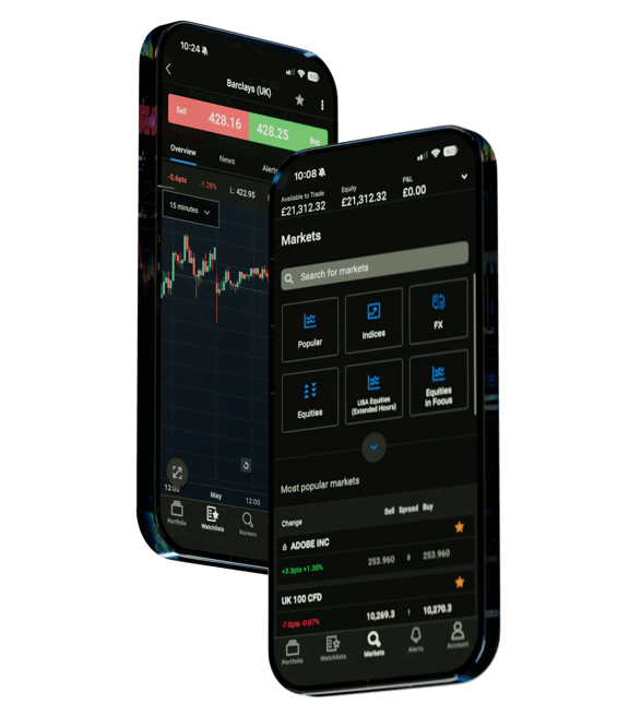 Smartphone screens displaying a mobile trading application with live market prices, watchlists, candlestick charts, and trading tools for managing financial markets on the go.