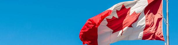 Canadian maple leaf flag fluttering against the sky, showcasing national identity and economic developments in Canada