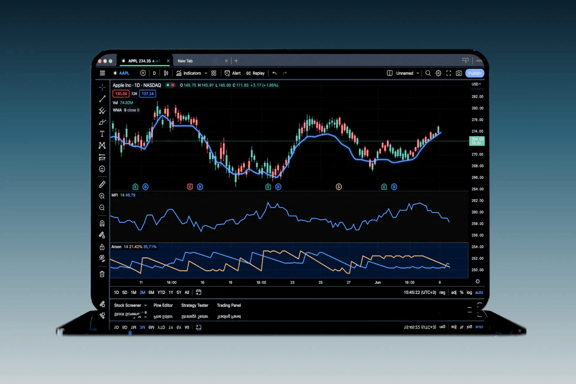 Laptop displaying a trading platform with multiple technical indicators, price charts, and market analysis tools for spread betting and trading.