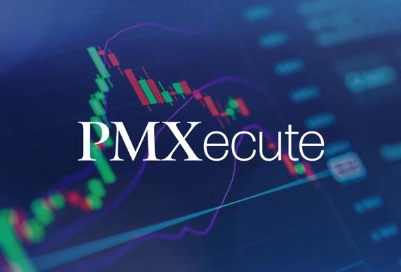 PMXecute logo with stock market data and financial chart in the background.