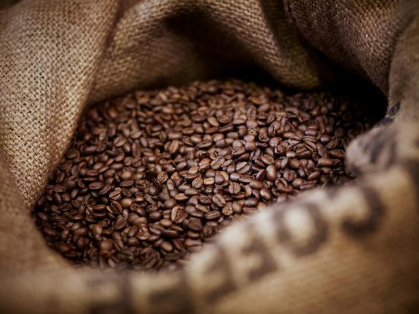 Close-up de grãos de café torrados em um saco de estopa em uma torrefação de café