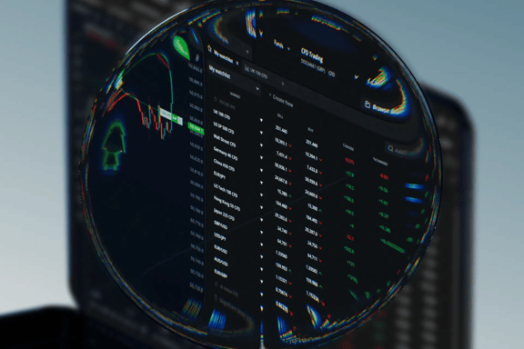 Magnified view of a CFD trading platform displaying market watchlists, price movements, trading instruments, and technical charts, highlighting market analysis and trading opportunities.