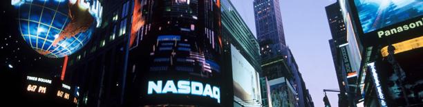 NASDAQ electronic billboard in New York Times Square, symbolizing stock exchange and financial markets