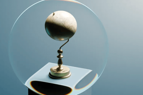Magnifying glass on a small globe sitting on a pedestal on a teal background
